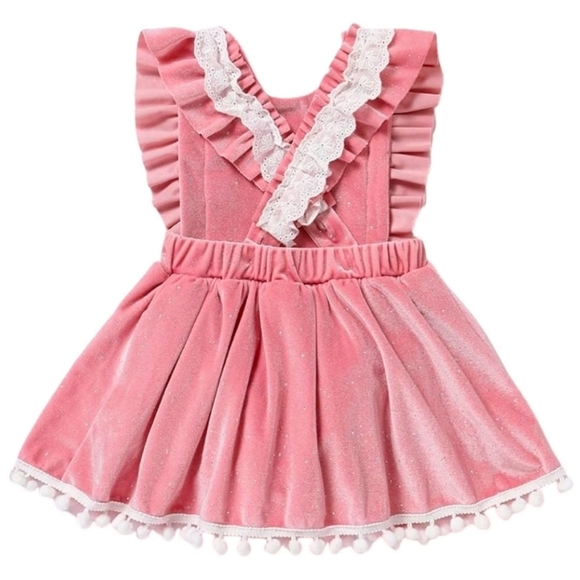 IMEKIS - Pink Velvet Pom Pom Baby Romper Dress - Picture 2 of 5